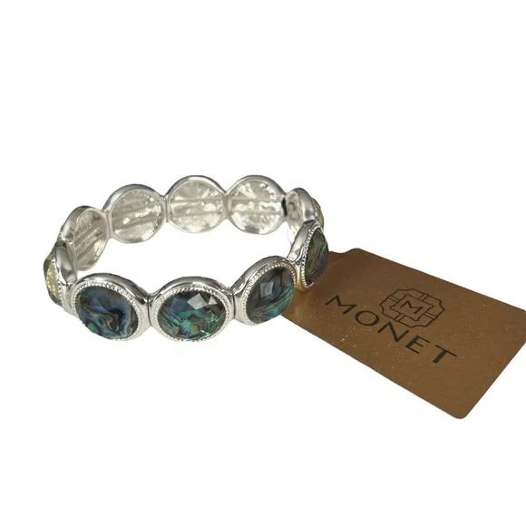 Monet Silver and Blue Stretch Bracelet with Cabochon Stones - Picture 1 of 6